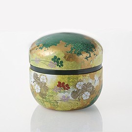 Tokyo Matcha Selection - Hanazoroe : Steel Tea Caddy Can (Green) for 100g leaf - Japanese Traditional Design [Standard shipping by SAL: NO tracking number]
