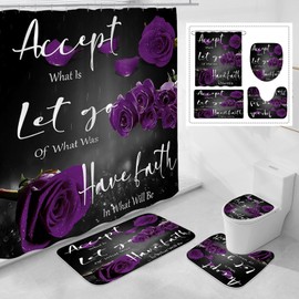 4 Pcs Purple Rose Shower Curtain Sets with Non-Slip Rug, Toilet Lid Cover, Bath Mat, Grateful Blessed Black Purple Retro Elegant Shower Curtain Valentine's Day Bathroom Set(Hooks Not Included)