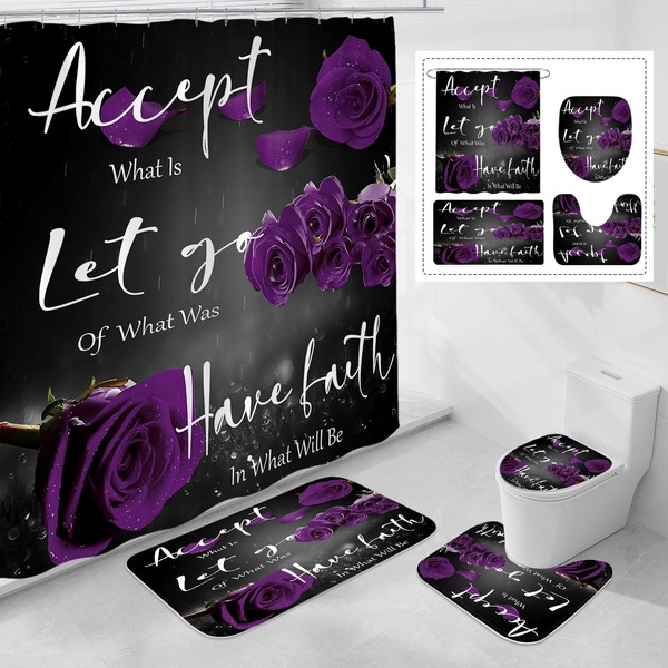 4 Pcs Purple Rose Shower Curtain Sets with Non-Slip Rug,