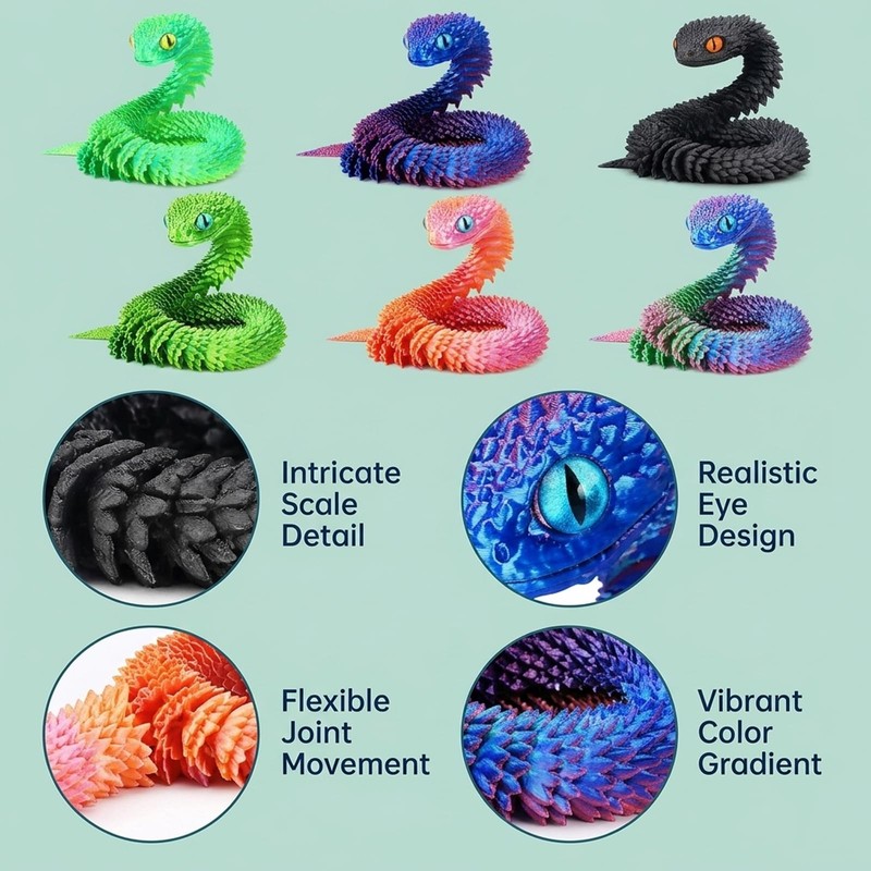 TUBAWD 6PCS 3d Printed Snake, 3d Printed Animals, Snake -