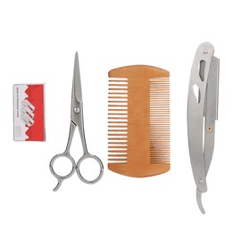 Blue ZOO 4pcs Beard Kit Shaving Knife Blade Double Sided Comb Scissors Set(Silver )