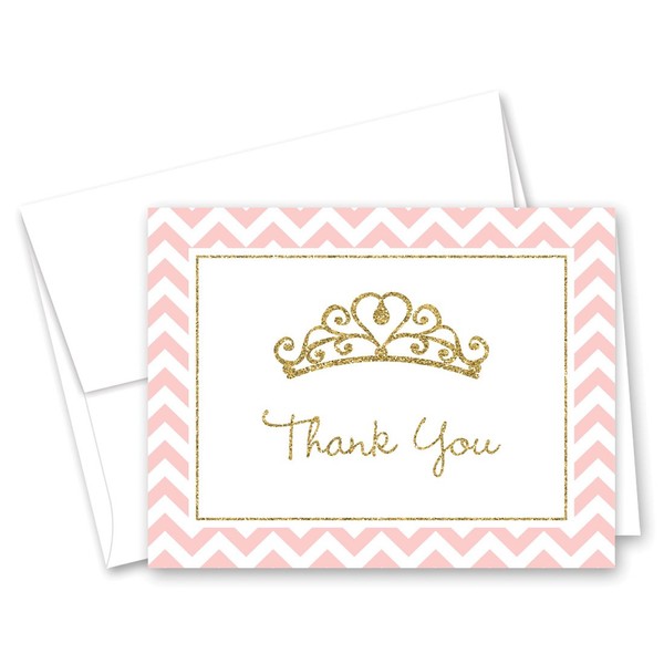 50 Princess Tiara Thank You Cards (Faux Gold Glitter-Pink)