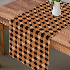 Linen Fall Plaid Table Runner, Thanksgiving Orange and Black Checkered Autumn Kitchen Dining Table Decoration for Home Party Decor, 13"x72"