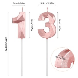 Pinenuts 13th Birthday Candles Number Candles Set, Rose Gold 3D Diamond Shape Number Candles for Birthday, Wedding, Celebration and Party Anniversary Cake Decorations (Rose Gold)