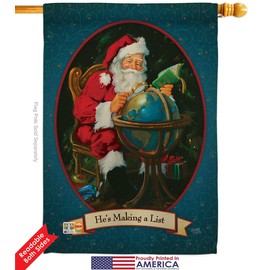 Christmas He's Making a List House Flag Eagle Set Winter Santa Marry Xmas Present Reindeer Season Wintertime Snow Small Decorative Gift Yard Banner Double-Sided Made In USA 28 X 40