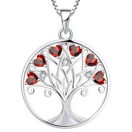 YL Tree of Life Necklace Heart Family Tree Pendant Sterling Silver Created Garnet Jewelry Gift for Women