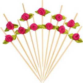 Minisland Hot Pink Rose Flower Cocktail Picks, 4.7 Inch Long Bamboo Fancy Toothpicks for Appetizers, Bridal Shower Wedding Valentines Party Food Drinks Fruit Kabob Skewer Sticks 100 Counts - MSL221