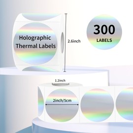 2 Inch Holographic Thermal Labels, Circle Direct Thermal Labels Stickers, Self-Adhesive Round Thermals Printer Label for DIY Logo Design (300Pcs, Holographic Silver)