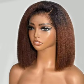 KHY.JNM 1B30 Color Kinky Straight Short Bob Ombre Blonde 13X4 HD Lace Front Wig with Baby Hair Yaki Glueless Human Hair Pre Plucked with Bleached Knots 180 Density for Black Woman 14 Inch