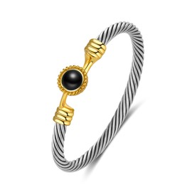 Aprilery Cable Wire Bangle Bracelets for Women - Wire Twisted Bracelet Cuff Bangle Gold Stone - Two Tone Bracelets Jewelry Gifts (Black)