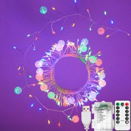 Battery Operated & USB Fairy Lights with Remote,10FT 200LED Cluster Lights Christmas Waterproof Twinkly Globe String Lights for Christmas Tree Copper Wire Firecracker Light for Bedroom Indoor Decor