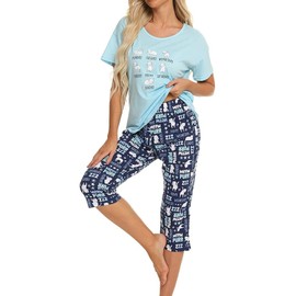 CHUNG Women Cotton Pajamas Set Short Sleeve Top Capri Pants Sleepwear Plus Size, XXL, Navy Cat