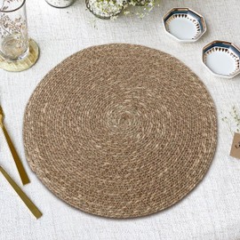 Hausattire Round Woven Placemats Set of 4 - Natural, Seagrass Rustic Heat Resistant Table Mats for Wedding, Restaurants, Party | Rattan Boho Easy Clean Circle Placemat for Kitchen, Dining - 14 Inches