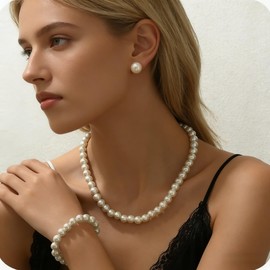 8mm Elegant Pearl Jewelry Set with Gold Chain, Classic White Faux Pearl Necklace, Bracelet and Stud Earrings, 3 Piece Wedding Formal Set