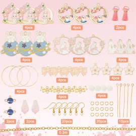SUNNYCLUE 1 Box DIY 10 Pairs Easter Rabbit Charms Enamel Bunny Charm Earring Making Starter Kit Cute Animal Planet Charm Sewing Tassels Flowers Petal Flower Charms for jewellery Making Kits Adult