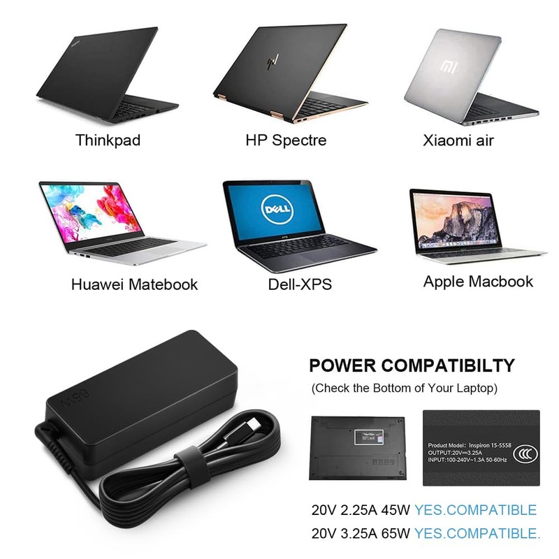 HIBBO Charger Compatible with Lenovo Laptop Computer 65W 45W USB