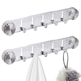 Realand 2 Pack Strong Suction Cup Hooks, 5 Folding No Drill Removable Wall Acrylic Modern Heavy Duty Shower Towel Hooks for Bathroom Kitchen Clear