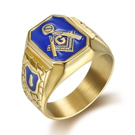 Blue Masonic Freemason Ring, Blue Lodge Masonic Ring for Men, Gold Masonic Master Ring Punk Freemason Symbol Jewelry, Gold Freemasonry Biker Ring Hip Hop Mason Ring Religious Amulet Ring (9)