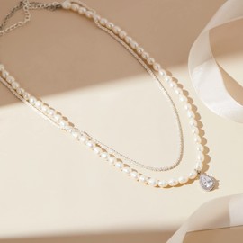 IDOKAWA Round 6-7mm Freshwater Cultured Pearl Necklace for Women, Vintage Multilayer White Gold Plated Zircon Pendant Choker, Daily Jewelry for Wedding, Party, Birthday