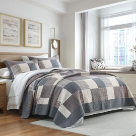 SOElinens Quilts King Size - Plaid Design Modern Quilt Set with Matching Shams, 3 Pieces 100% Cotton King Quilt Bedding Set, Reversible Bedspread Coverlet for All Season, Gray/Brown/Beige