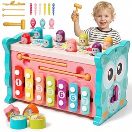 Juguetes Montessori Infantil 8 en 1, Juguete Multifuncional Didácticos Hexaédrico para Niño Niña Golpear con Martillo, Juego de Pesca Educativo Estimu