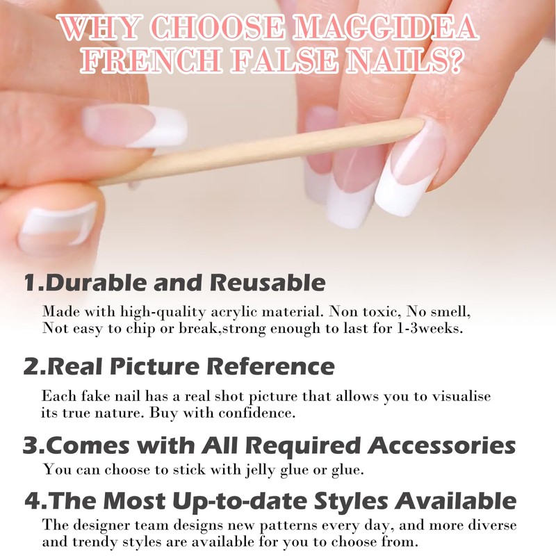 French Style False Nails, Short Stick on Nails, 24pcs Square