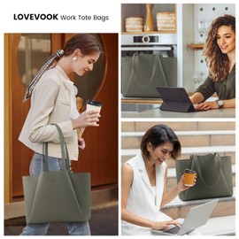 LOVEVOOK Laptop Tote for Women - 15.6 Inch Faux Leather Laptop Bag with Clutch, Large Capacity Office Purse Computer Briefcase for Casual Business Travel,Dark Green
