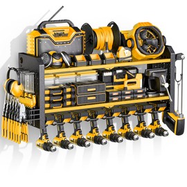 Power Tool Organizer Wall Mount, Large 8 Drill Holder Wall Mount with 2 Side Pegboards, Heavy Duty Metal Tool Shelf with 12 Hooks, Power Tool Storage Rack for Garage, Utility Battery Shelves-Yellow