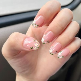 Yamobi 24 pieces press on nails, medium almond false nails, pink spring press-on nails, daisy flower artificial nails, flower stick-on nails