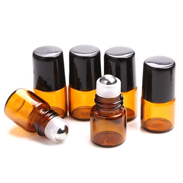 Furnido 25 Pack 1ml Amber Glass Roll on Bottle For Essential Oils,Perfume Vial with Stainless Steel Roller Ball,Black Caps Mini Sample Vials Cosmetics Small Container