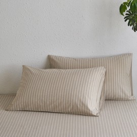 MooMee Bedding Pillowcases Striped Pack of 2 100% Washed Cotton Linen Like Textured Breathable Durable Soft Comfy (Tannish Linen Grey White Wide Stripes, King)