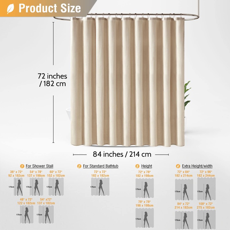 BTTN Wide Shower Curtain - W84xH72 Inch Linen Textured Heavy
