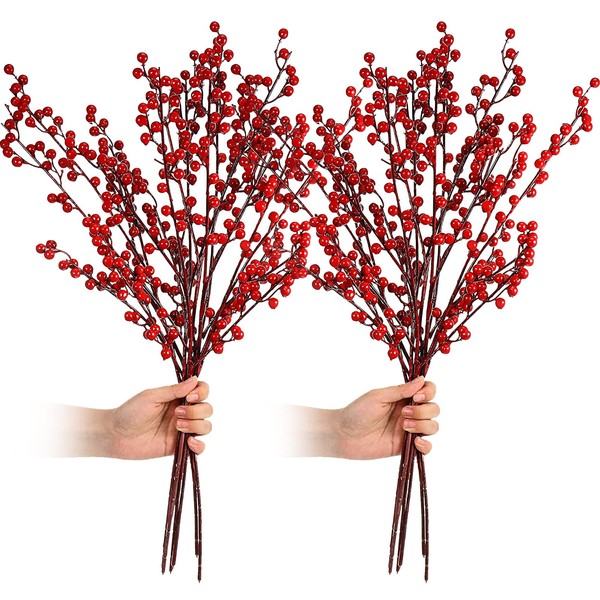 WILLBOND 8 Pieces Artificial Stems 21.6 Inch Christmas Red Berries Holly Berry Branches for Christmas Tree Decor DIY Craft (Simple Style)