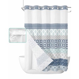 No Hook Shower Curtain with Snap in Liner,Ethnic Blue Gray Gradient Stripe Seamless Waterproof Washable Bathroom Shower Curtains See Through Top Window,Boho Geometric Texture Hotel Grade Bath Curtain