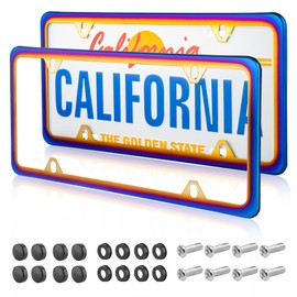 RED WOLF 2Pcs Iridescent Chrome License Plate Frame, Mirror Polish Chameleon Blue License Plate Tag Stainless Steel Bracket Holder Mount on Front Rear Bumper w/Screw Cover Accessories