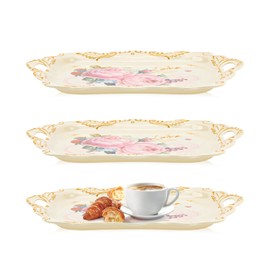 Melamine Serving Tray Art Trays,3 Pack Stackable Food Tray , Large Serving Platter with Handle for Eating, Unbreakable Large Serving Platter with Floral Print (15 x 10.2 x 1.3 Inches)