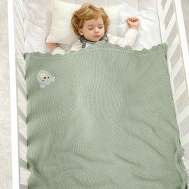 DovFanny Cotton Cellular Baby Blanket Knitted Soft Blanket for Newbron Baby Boy and Girls with Lovely Bear (sage greeen)