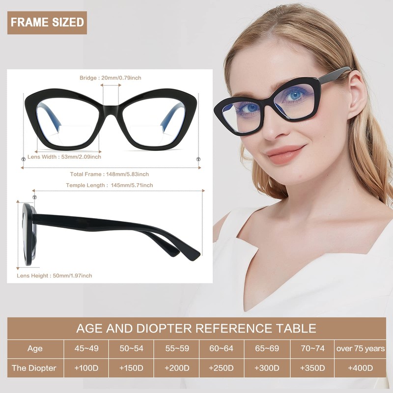 Bifocal Reading Glasses for Women Designer Cat Eye Oversized Frame