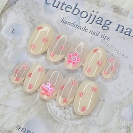 Milky Heart Handmade Nail Tips - Oval L / 밀키 하트 수제네일팁 - 오벌L