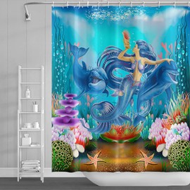SDOTPMT 105 x 160 cm Mermaid Whale Shower Curtain Marine Animal Seaweed Coral Reef Starfish Bath Curtain Underwater Seascape Bath Curtain for Children Bathroom Polyester Waterproof with Hooks
