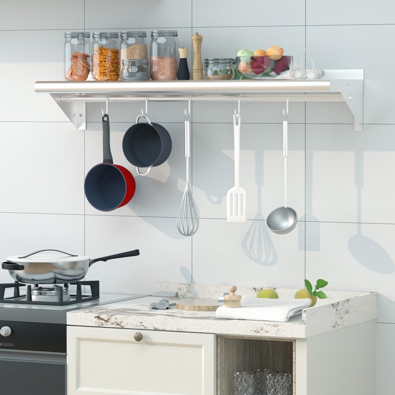 Treshin Stainless Steel Shelf with 4 Hooks 12 x 36