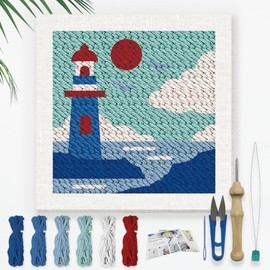 DOODLREAM Leuchtturm Stickset Zum Selbermachen Mit Punch Needle Für Erwachsene Und Anfänger 24cm Großes Seebau Stanz Und Nähset Für Anfänger Mit Rahmen Stoffmuster Einfädler Garn Quetschnadel