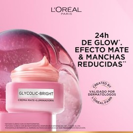 L'Oréal Paris Glycolic Bright Crema Mate-Iluminadora, Reduce Manchas, 24h de Glow, con Melasyl y Ácido Glicólico, Para Todo Tipo de Piel, 50ml