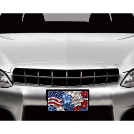 Twisted R Design Patriotic Flag and Flowers Aluminum Front License Plate Car Accessory Vanity