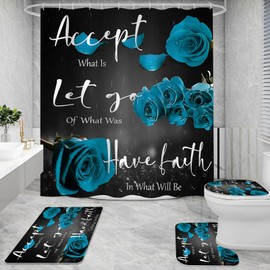 4 Pcs Teal Rose Shower Curtain Sets with Non-Slip Rug, Toilet Lid Cover and Bath Mat, Thankful Grateful Blessed Black Teal Retro Elegant Shower Curtain Valentine's Day Bathroom Set(Hooks Not Included)