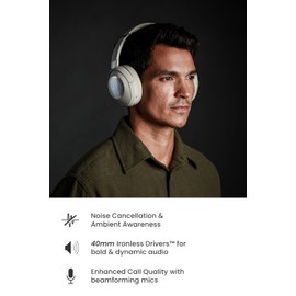Cleer Audio Alpha Adaptive Active Noise Canceling Bluetooth Headphones, Dual-Microphone, Touch Controls, 35 Hr Battery Life, Multipoint Connection, Dirac Spatial Audio, App, Stone