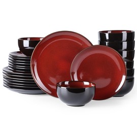 LERATIO Ceramic Dinnerware Sets for 8,Stoneware Plates and Bowls Sets,Handmade Reactive Glaze Dishes Set,Chip Resistant and Scratch Resistant | Oven&Dishwasher & Microwave Safe-Red (24PCS)