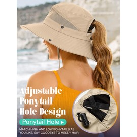 Sun Hat with Ponytail Hole for Women,Sun UV Protection UPF50+ Waterproof Beach Bucket Safari Hiking Hat for Women Khaki