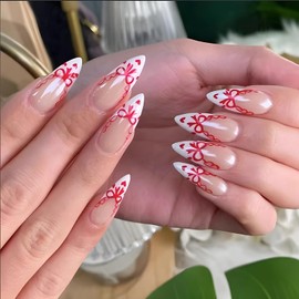 Bow Press on Nails French Tip Fake Nails Long Almond False Nails Full Cover Press ons Nails with Bow Design Full Cover Glossy Nude Stick on Nails for Women Girls Reusable Nails
