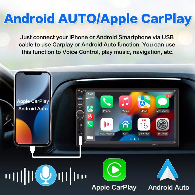 YuanTing 7" Double Din Car Stereo Radio with Apple Carplay